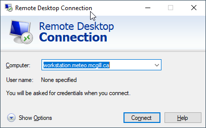 Connection Dialogue for RDP